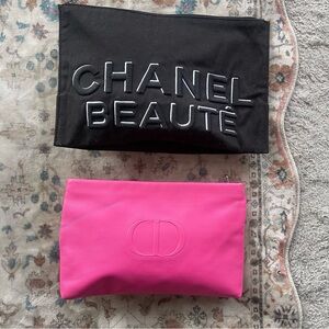 CHANEL Beauté & Dior Black Cosmetic Pouch & Pink Leather Clutch Duo
